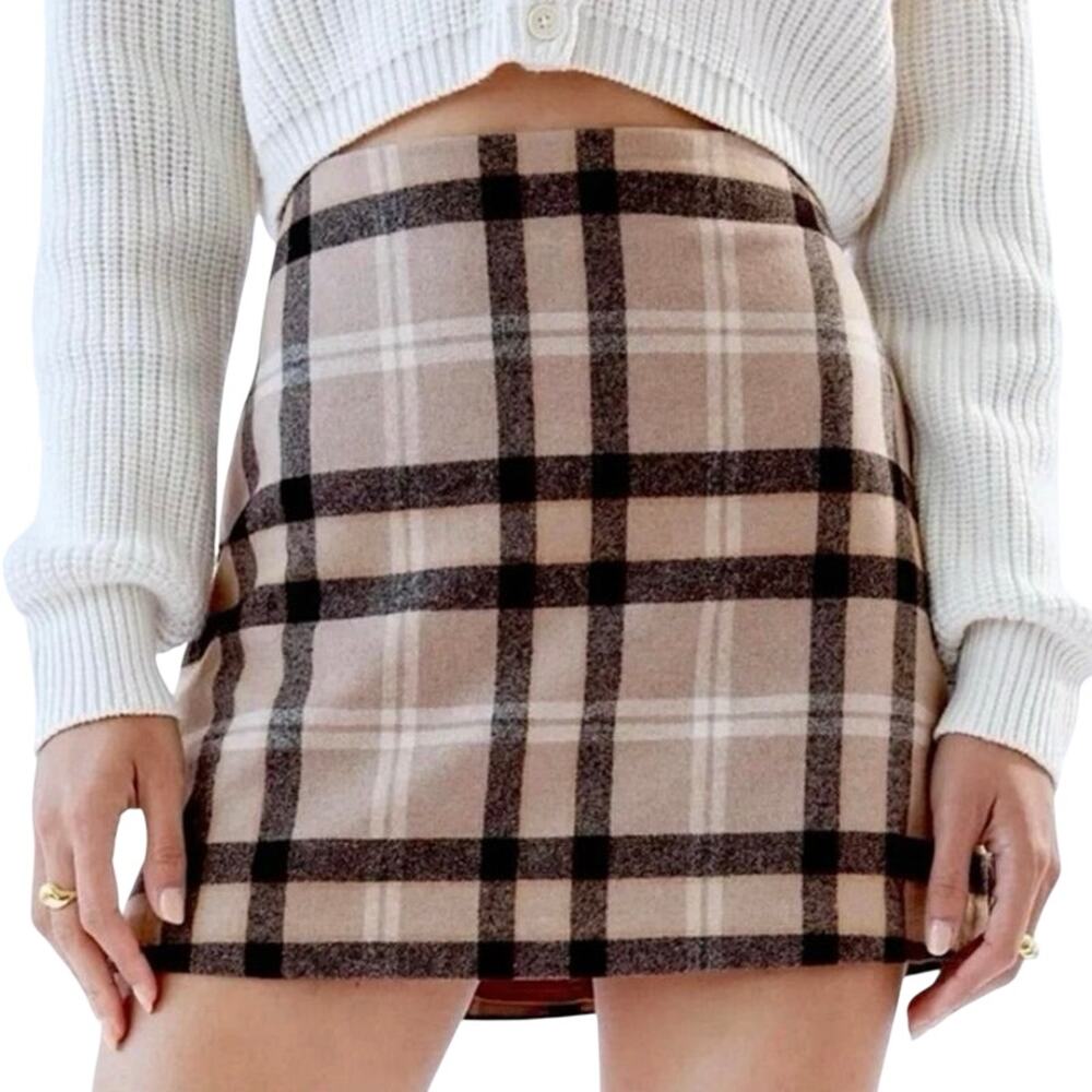 Aritzia Wilfred Skirt Mini Plaid Cashmere Wool Preppy Academia Beige Black sz 6